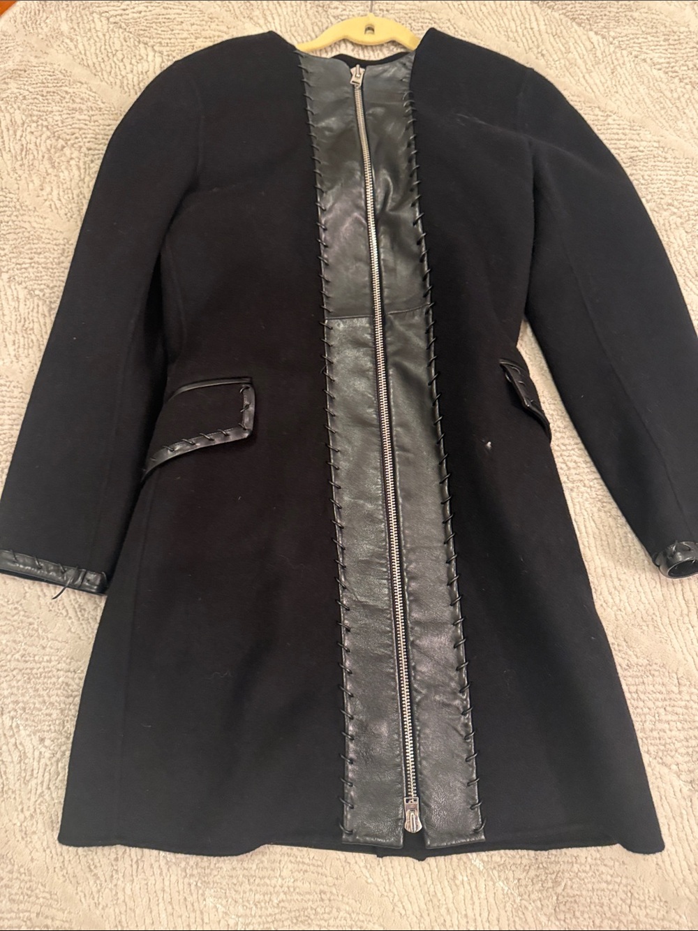 Anne Fontaine Black Women's Wool-Blend Long Coat with Leather Trim detail